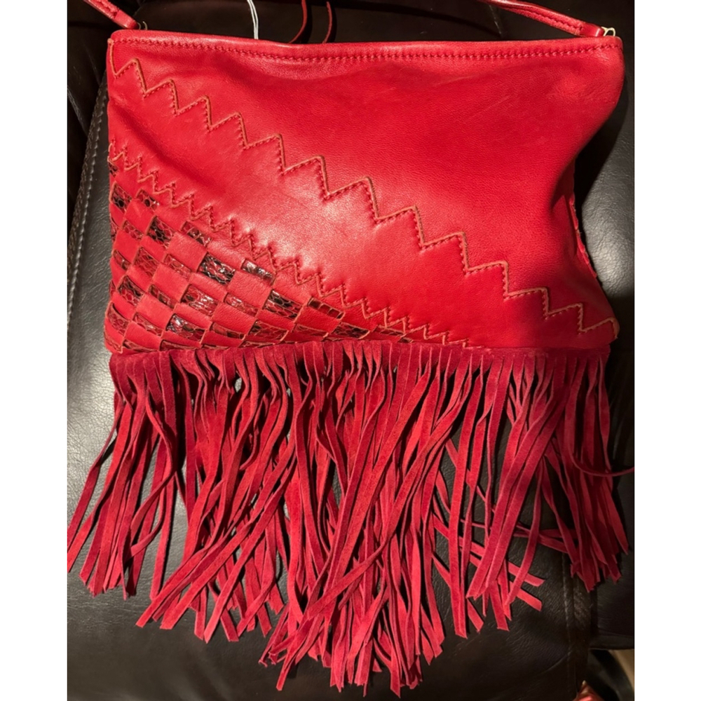 Jimmy Choo Tita Red Snakeskin Woven Fringe Crossbody/Clutch RARE - Picture 4 of 14